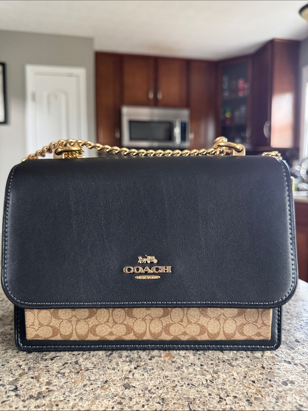Coach Black Leather & Tan Signature Canvas Shoulder Bag with Gold Hardware